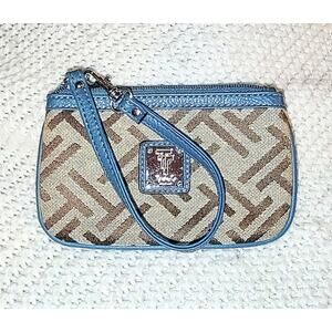 TIGNANELLO - Tan Signature Jacquard & Teal Blue Faux Leather Trim Wristlet Pouch